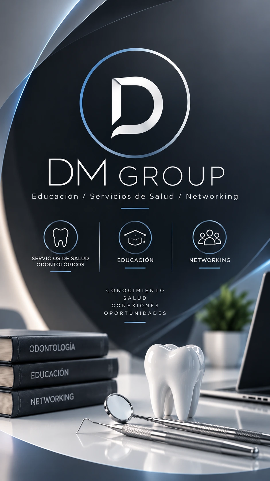 DM Group: educación, servicios de salud odontológicos y networking. Identidad en gris y azul con libros, instrumental odontológico y una pieza dental.